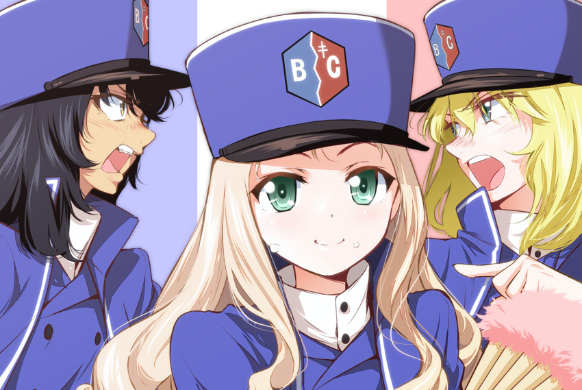 3girls andou_(girls_und_panzer) angry bc_freedom_(emblem) bc_freedom_military_uniform black_hair blonde_hair blue_eyes blue_jacket blue_vest blush brown_eyes commentary crumbs dark-skinned_female dark_skin emblem flag_background french_flag girls_und_panzer green_eyes hat high_collar jacket kepi long_hair looking_at_another looking_at_viewer marie_(girls_und_panzer) medium_hair messy_hair military_hat multiple_girls open_mouth oshida_(girls_und_panzer) pointing pre3445 shouting smile teeth tongue vest