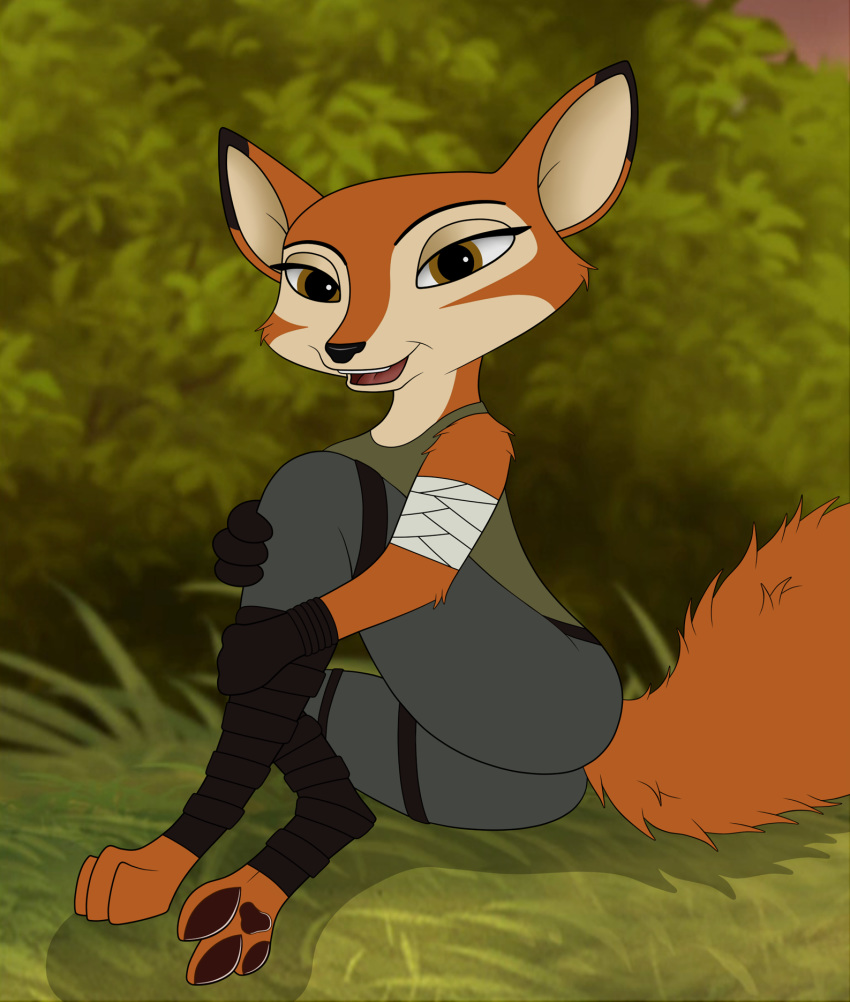 anthro biped brown_body brown_eyes brown_fur canid canine clothed clothing female fluffy fluffy_tail fox fur hi_res looking_at_viewer mammal open_mouth paws sitting skateryena solo spark:_a_space_tail tail vix_(a_space_tail)