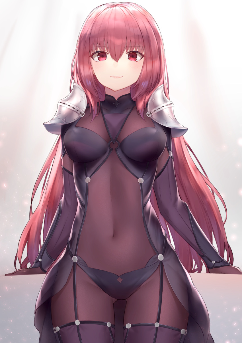 arm_support armor bodysuit breasts closed_mouth commentary covered_navel fate/grand_order fate_(series) female hair_intakes highres large_breasts leotard long_hair looking_at_viewer pauldrons purple_bodysuit purple_hair purple_leotard red_eyes reuri_(tjux4555) scathach_(fate) shoulder_armor smile solo white_background