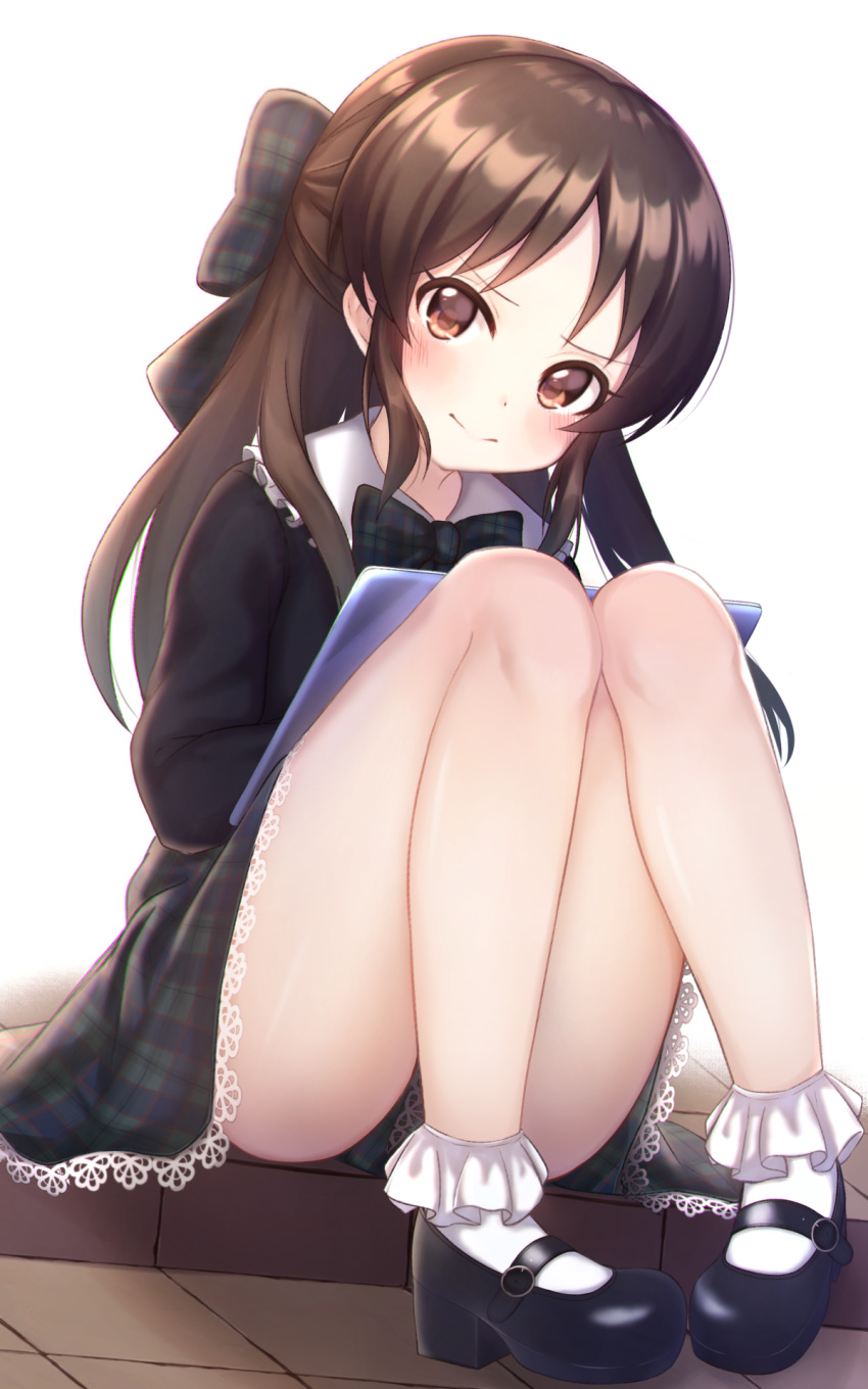 bad_id bad_pixiv_id black_bow black_footwear black_neckwear black_shirt black_skirt blush bow brown_eyes brown_hair closed_mouth commentary cotrpopor female frilled_socks frills hairbow highres holding idolmaster idolmaster_cinderella_girls long_hair long_sleeves looking_at_viewer mary_janes miniskirt plaid plaid_bow plaid_neckwear plaid_skirt shirt shoes simple_background sitting skirt smile socks solo symbol-only_commentary tachibana_arisu very_long_hair white_background white_socks