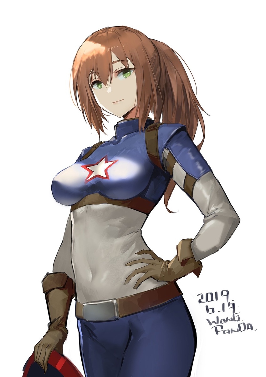 bangs belt blue_pants bodysuit breasts brown_gloves brown_hair captain_america captain_america_(cosplay) cosplay covered_navel cowboy_shot dated eyebrows_visible_through_hair female girls_frontline gloves green_eyes hair_between_eyes hand_on_hip highres large_breasts long_hair looking_at_viewer m1903_springfield_(girls_frontline) marvel pants ponytail shield sidelocks simple_background smile solo star white_background