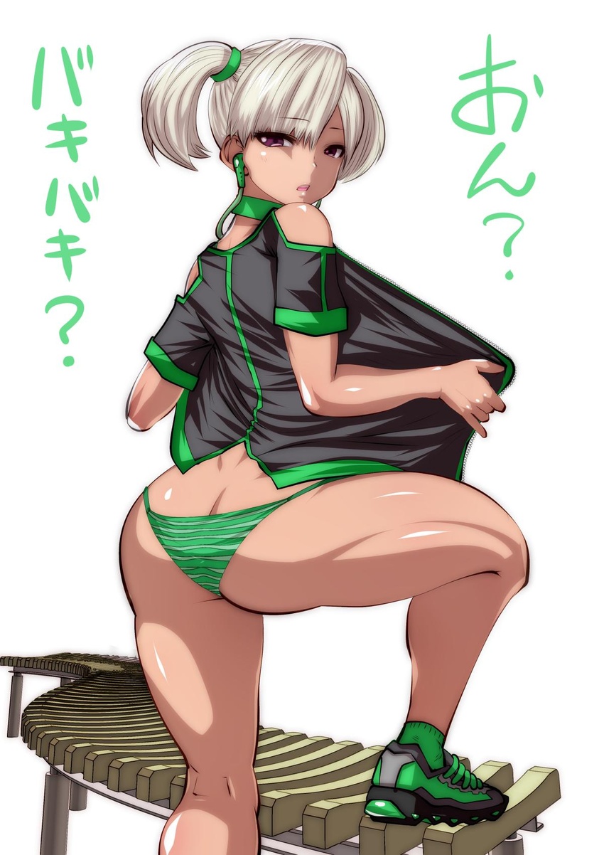 ass back bad_id bad_twitter_id bikini commentary dark-skinned_female dark_skin earbuds earphones female green_bikini green_socks highres looking_at_viewer original platinum_blonde_hair purple_eyes shiny_skin shoes short_twintails sneakers socks solo souryu swimsuit translated twintails