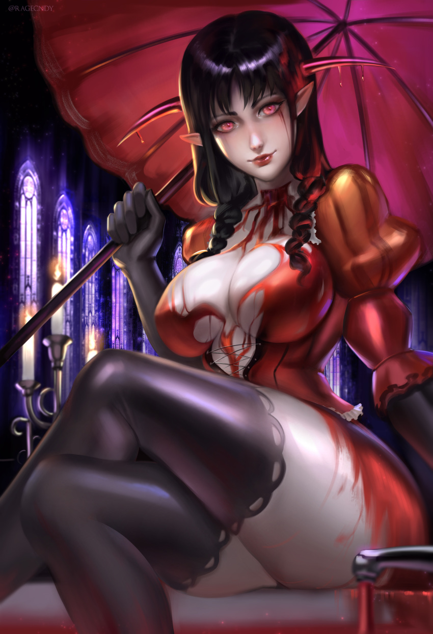 absurdres bathtub black_hair blood blood_on_clothes bloodless_(bloodstained) bloodstained:_ritual_of_the_night breasts cleavage commentary female highres horns large_breasts lipstick makeup parasol ragecndy red_eyes solo umbrella vampire