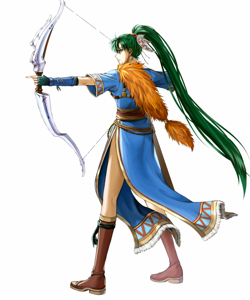 blue_dress boots capelet commentary_request delsaber dress earrings female fingerless_gloves fire_emblem fire_emblem:_the_blazing_blade fire_emblem_heroes fur_capelet gloves green_eyes green_hair highres jewelry knee_boots long_hair looking_to_the_side lyn_(brave_lady)_(fire_emblem) lyn_(fire_emblem) ponytail profile very_long_hair