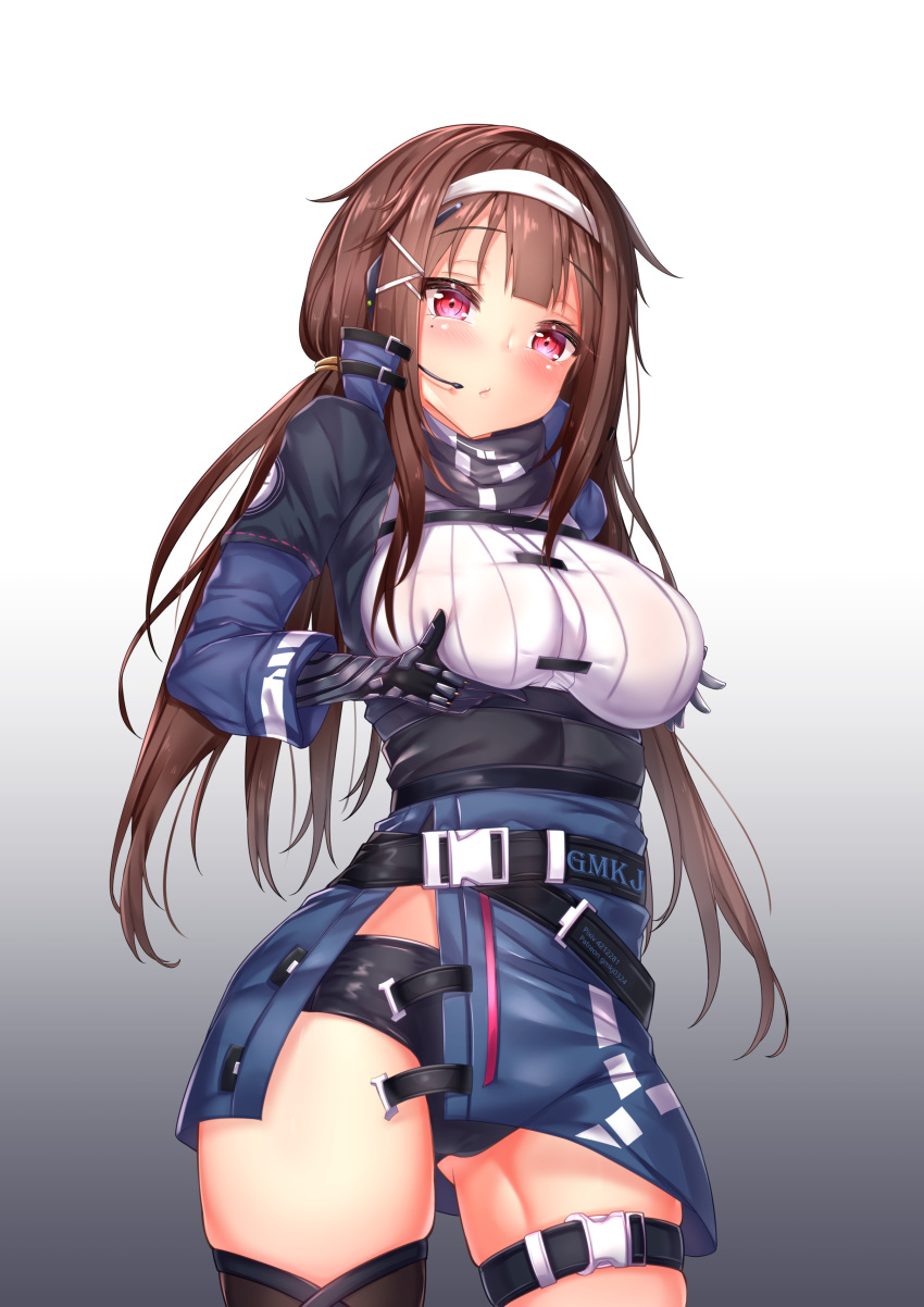 absurdres ass_visible_through_thighs asymmetrical_legwear blush breast_lift breasts brown_hair buckle chinese_commentary commentary_request cowboy_shot female framed_breasts girls'_frontline gmkj gun hair_ornament hair_ribbon hairband headset highres js_9_(girls'_frontline) long_hair looking_at_viewer mechanical_arms mole mole_under_eye red_eyes ribbon scarf shirt sidelocks single_mechanical_arm skindentation snap-fit_buckle solo strap thigh_strap thighhighs uneven_legwear weapon white_hairband