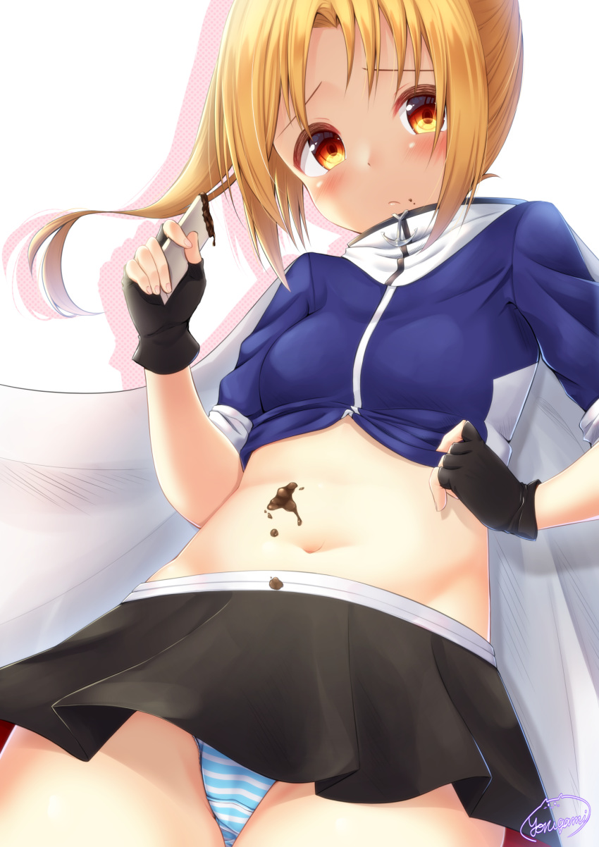 azur_lane black_skirt blonde_hair blue_shirt blush breasts candy chocolate chocolate_bar chocolate_on_body clevelad_(azur_lane) commentary eating embarrassed female fingerless_gloves food food_on_body frown gloves highres holding holding_chocolate holding_food looking_at_viewer lying medium_hair midriff navel on_back one_side_up panties pantyshot pleated_skirt red_eyes shirt short_sleeves sidelocks skirt small_breasts solo striped_clothes striped_panties underwear yorugami_rei