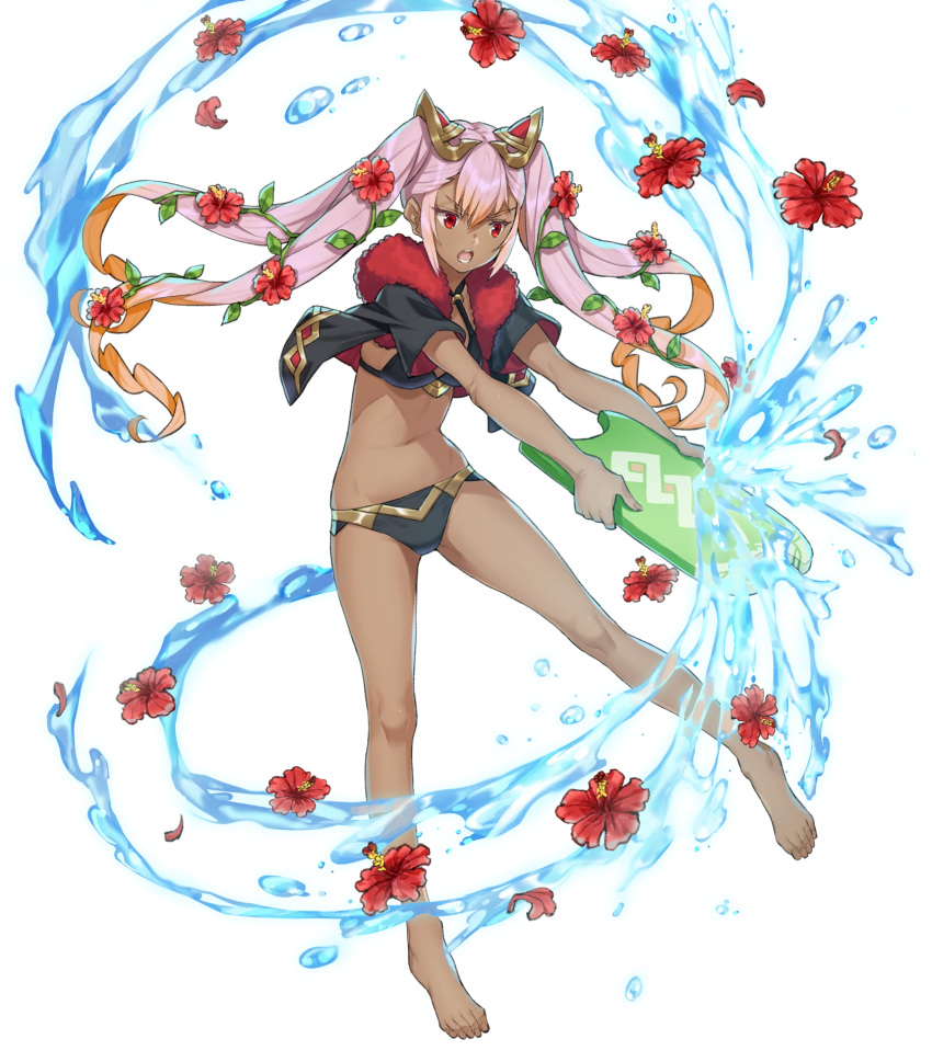 bad_feet bare_legs barefoot bikini black_bikini black_jacket breasts criss-cross_halter cropped_jacket dark-skinned_female dark_skin female fire_emblem fire_emblem_heroes flower full_body fur_trim gradient_hair hair_flower hair_ornament halterneck hibiscus highres holding jacket kickboard laevatein_(fire_emblem) laevatein_(summer)_(fire_emblem) long_hair looking_away medium_breasts multicolored_hair navel official_art open_mouth orange_hair petals pink_hair plant red_eyes saitou_masatsugu short_sleeves sidelocks solo stomach swimsuit toes transparent_background twintails v-shaped_eyebrows vines water water_drop