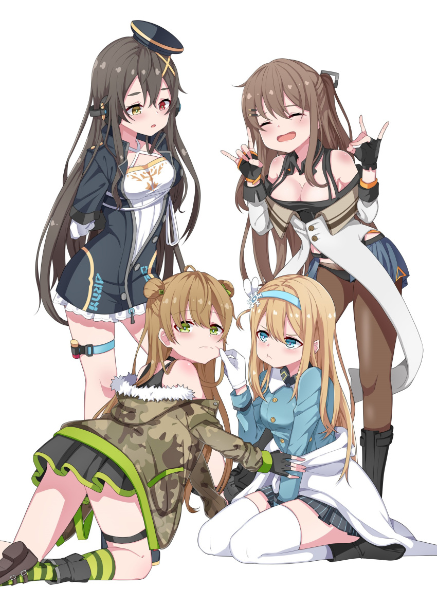 4girls absurdres beret black_hair blonde_hair blue_eyes boots brown_hair camouflage camouflage_jacket cheek_pinching closed_eyes creator_connection double_bun fingerless_gloves fox_shadow_puppet girls'_frontline gloves green_eyes hair_bun hat hayarob headband heterochromia highres jacket k2_(girls'_frontline) m1014_(girls'_frontline) multiple_girls panties pantyhose pinching red_eyes rfb_(girls'_frontline) shoes shotgun_shell showgirl_skirt skirt suomi_(girls'_frontline) thighhighs underwear