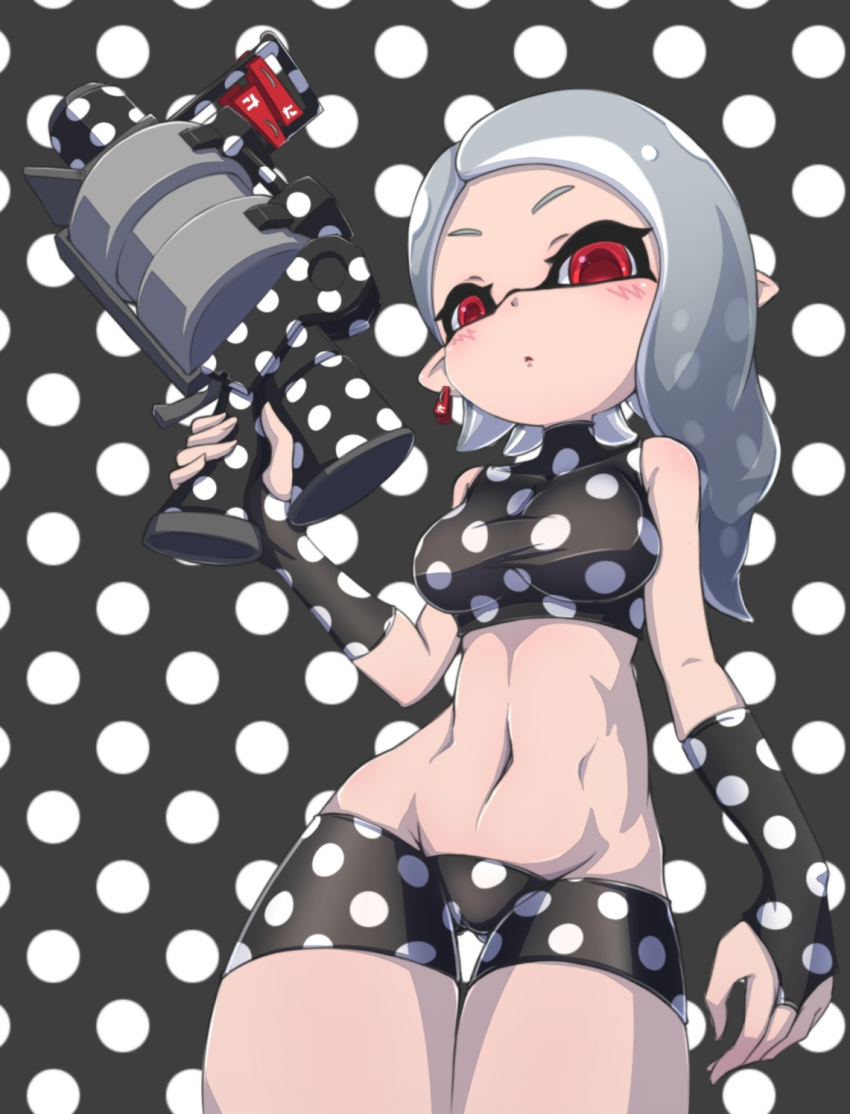 .52_gal_(splatoon) ass_visible_through_thighs bare_shoulders bikini breasts bridal_gauntlets clothes_pin commentary_request covered_collarbone cowboy_shot female grey_hair hand_up highres holding inkling inkling_girl inkling_player_character long_hair medium_breasts navel pointy_ears polka_dot polka_dot_background polka_dot_bikini red_eyes shinako solo splatoon_(series) splatoon_2 swimsuit tentacle_hair thigh_gap thighs turtleneck