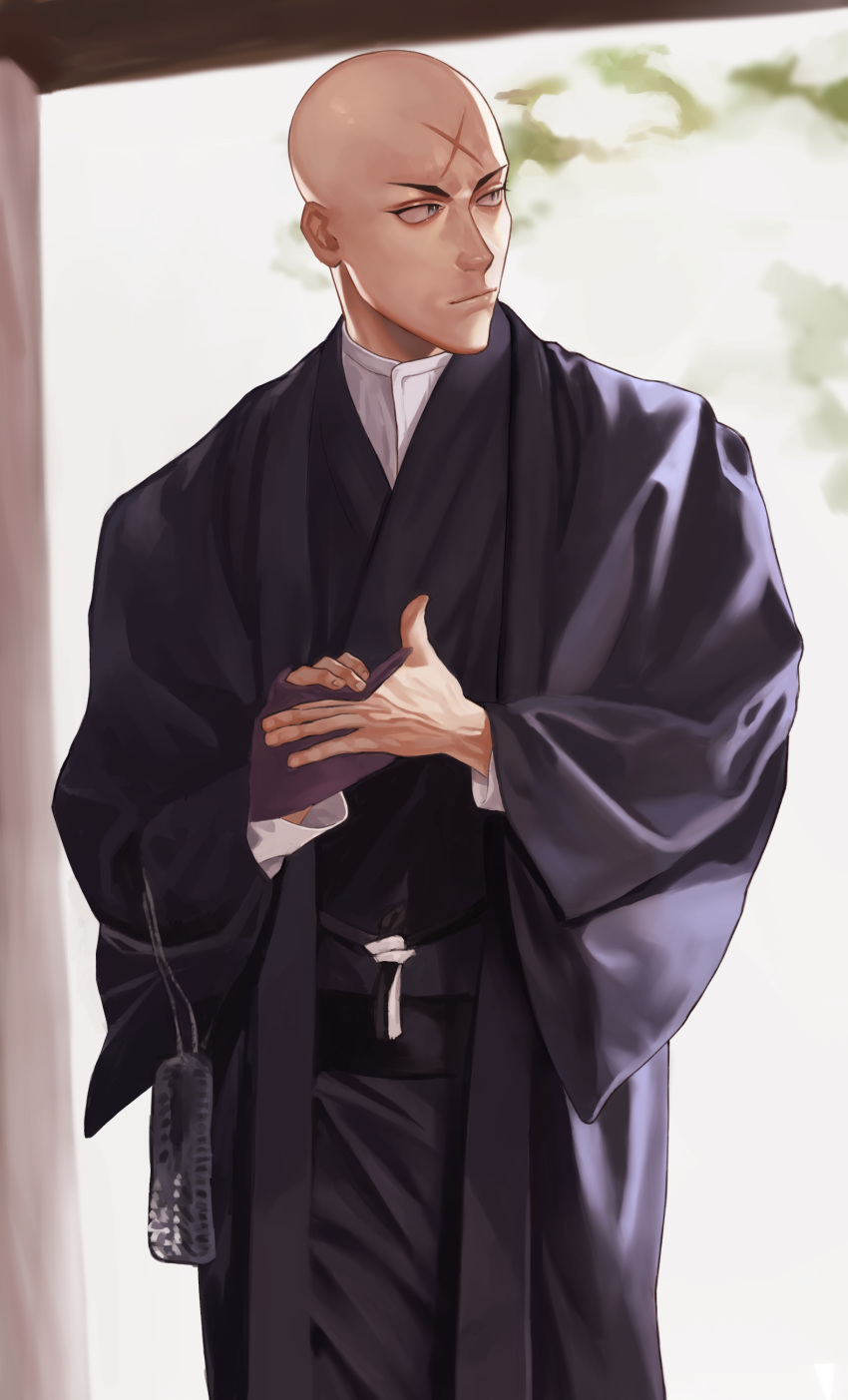 1boy absurdres bald black_kimono blurry blurry_background commentary_request fate/grand_order fate_(series) grey_eyes haori highres houzouin_inshun_(fate) japanese_clothes kimono looking_to_the_side male_focus samuraisamurai scar scar_on_face scar_on_forehead solo standing