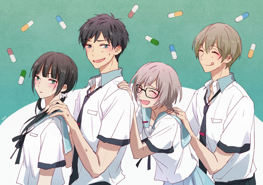 2boys 2girls arms_at_sides black-framed_eyewear black_hair black_necktie blunt_bangs blush braid brown_hair closed_eyes commentary_request glasses green_eyes hand_on_another's_shoulder heeparang hishiro_chizuru kaizaki_arata long_hair looking_at_viewer multiple_boys multiple_girls necktie onoya_an open_mouth pill relife school_uniform serafuku shirt short_hair short_sleeves short_twintails sidelocks standing sweatdrop tongue tongue_out twin_braids twintails white_shirt yoake_ryou