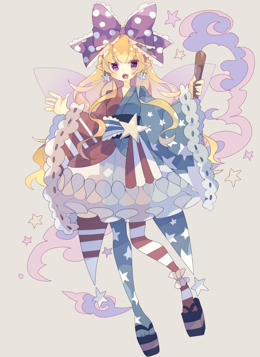 alternate_costume american_flag american_flag_kimono american_flag_legwear american_flag_print blush bow clownpiece commentary_request earrings fairy_wings female flag_print frills full_body hairbow highres holding japanese_clothes jewelry kimono long_hair nikorashi-ka okobo open_mouth pantyhose polka_dot polka_dot_bow print_kimono print_pantyhose sandals sharp_teeth simple_background smoke solo star_(symbol) star_earrings star_print striped teeth touhou wide_sleeves wings