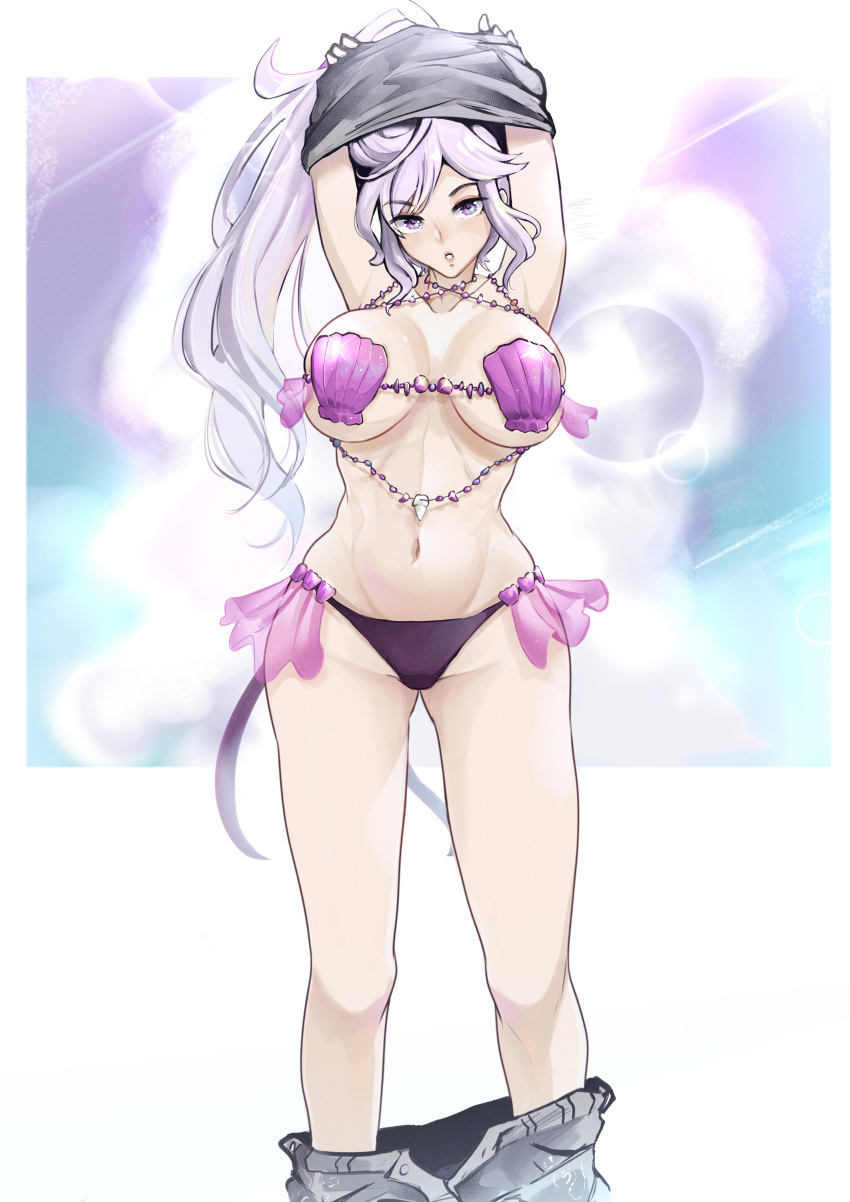 1girls alternate_costume bad_censor bare_legs bikini censored commission corrin_(fire_emblem)_(female)_(cosplay) cosplay covered_nipples covering fire_emblem fire_emblem:_genealogy_of_the_holy_war ishtar_(fire_emblem) large_breasts long_hair looking_at_viewer nintendo pants_down ponytail purple_eyes purple_hair seashell seashell_bra shell_bikini solo solo_female undressing vialnite