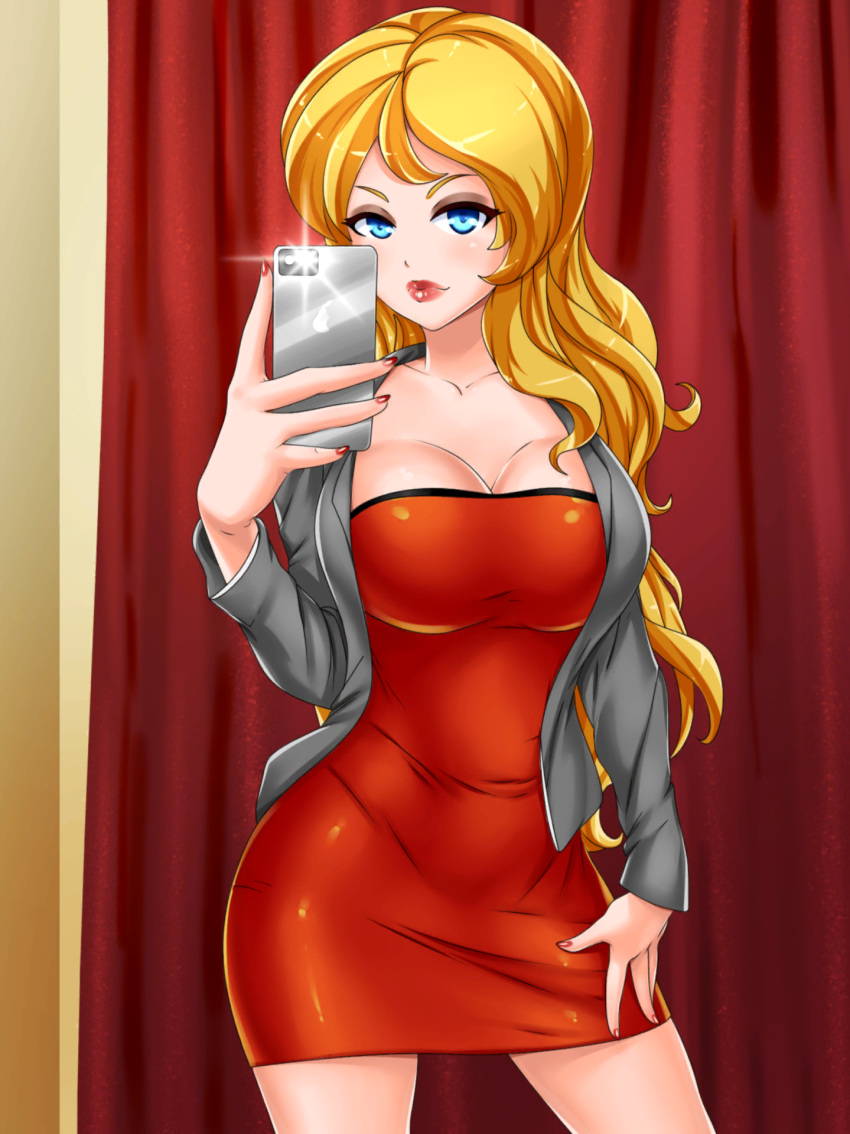 artist_request blonde_hair blue_eyes breasts camera_flash cellphone closed_mouth collarbone cowboy_shot curtains date_crush_stories dress female game_cg grey_jacket hand_on_thigh highres holding jacket lipstick long_hair long_sleeves looking_at_viewer makeup mirror_image nail_polish phone red_dress red_nails rose_(date_crush_stories) selfie short_dress sleeveless sleeveless_dress smartphone solo source_request standing thighs