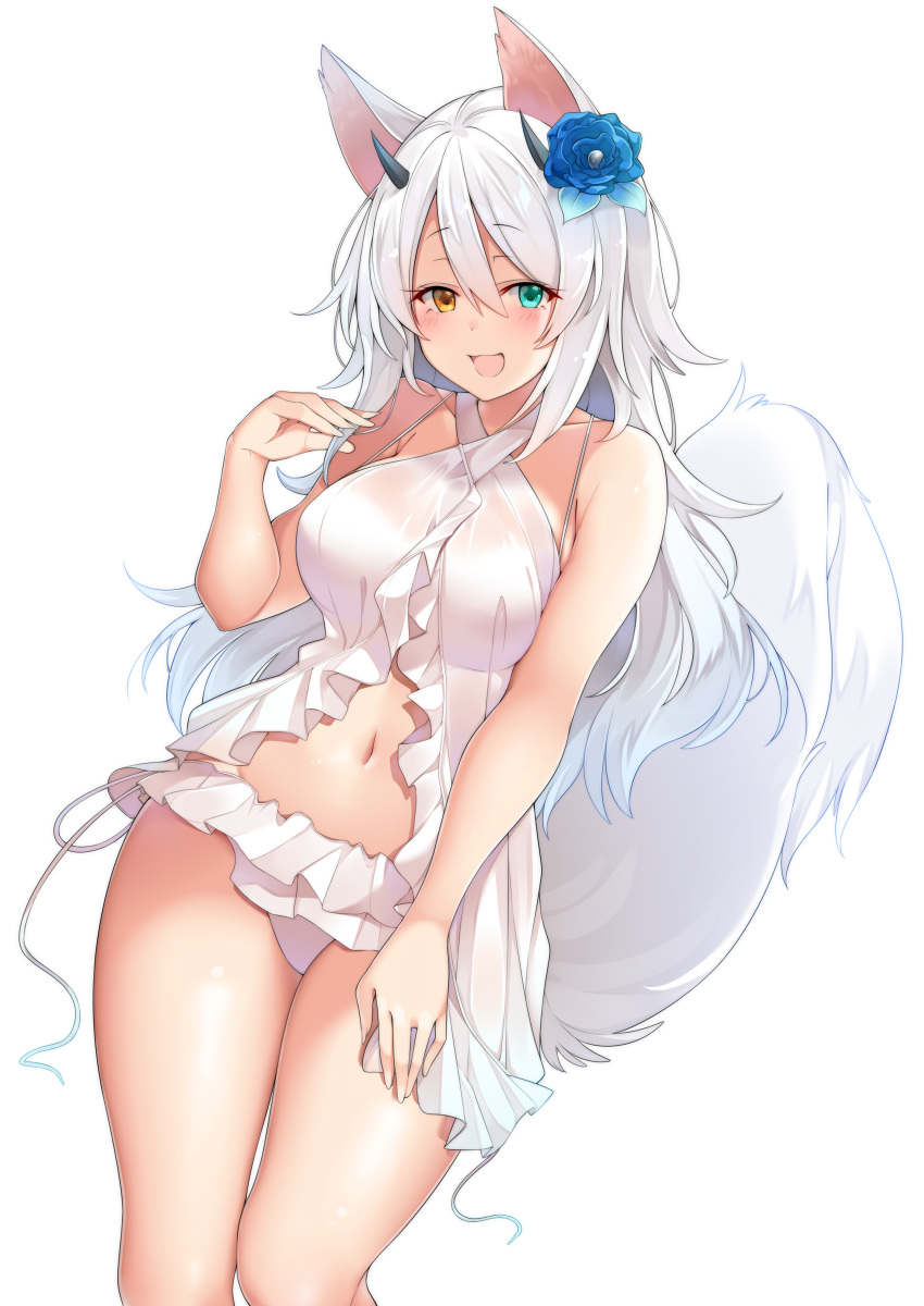 absurdres animal_ear_fluff animal_ears aqua_eyes bikini blue_eyes blue_flower blush breasts cleavage cowboy_shot female flower fox_ears fox_girl fox_tail hair_between_eyes hair_flower hair_ornament hand_up heterochromia highres horns large_breasts long_hair looking_at_viewer merlysca navel open_mouth original sidelocks simple_background smile solo stomach suruga_(xsurugax) swimsuit tail very_long_hair white_background white_bikini white_hair yellow_eyes