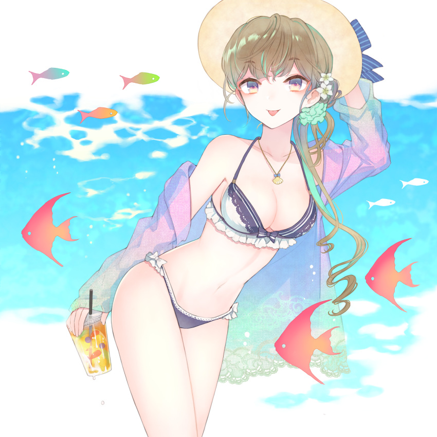 angelfish bare_shoulders bikini blue_bikini brown_hair collarbone commentary cowboy_shot cup disposable_cup drink drinking_straw female fish frilled_bikini frills halterneck hand_on_headwear hand_up hat highres holding holding_cup jewelry kuroyuki long_hair looking_at_viewer mismatched_bikini navel necklace off_shoulder original see-through solo standing sun_hat swimsuit symbol-only_commentary tongue tongue_out tropical_fish water white_bikini yellow_eyes