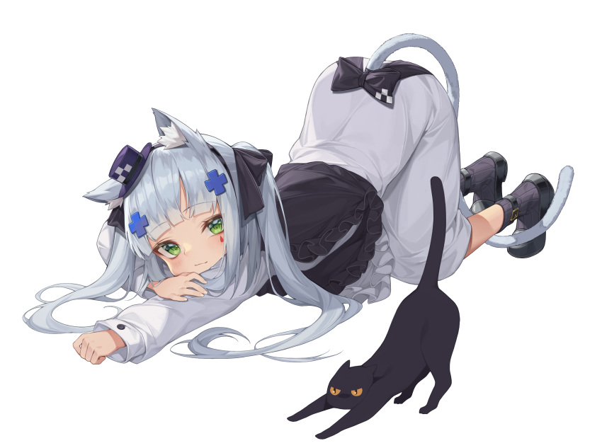 absurdres animal animal_ears black_bow black_cat black_footwear black_hat black_ribbon black_socks blunt_bangs blush bow buckle cat_ears cat_girl cat_stretch cat_tail closed_mouth commentary dress facial_mark fedora feline female full_body girls'_frontline green_eyes grey_dress grey_hair hair_ribbon hat highres hk416_(black_kitty's_gift)_(girls'_frontline) hk416_(girls'_frontline) kemonomimi_mode looking_at_viewer mini_hat mokew official_alternate_costume ribbon shoes simple_background smile socks solo stretching tail top-down_bottom-up twintails white_background