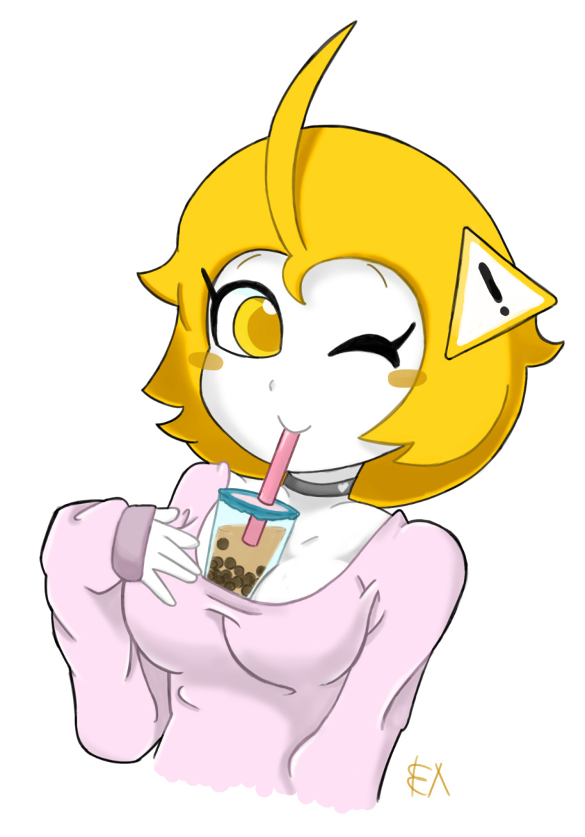 bad_anatomy bad_id bad_twitter_id between_breasts blonde_hair blush_stickers breasts bubble_tea bubble_tea_challenge choker closed_mouth colored_skin drinking erickaventura female hair_blush hair_ornament hand_up highres long_sleeves looking_at_viewer md5_mismatch one_eye_closed original raised_eyebrows self-upload short_eyebrows short_hair sign simple_background sleeves_past_wrists smile solo warning_sign white_background white_skin yellow_blush yellow_eyes