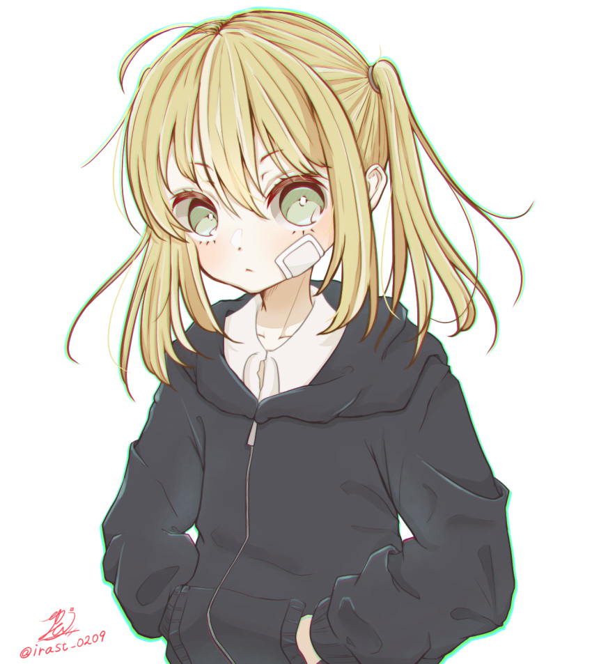 :< ahoge bandage_on_face bandages black_hoodie blonde_hair chromatic_aberration closed_mouth commentary female green_eyes hair_between_eyes hands_in_pockets head_tilt highres hood hoodie joshi_kousei_no_mudazukai looking_at_viewer signature simple_background twintails twitter_username upper_body v-shaped_eyebrows white_background yamamoto_minami yuu_(irast0209)