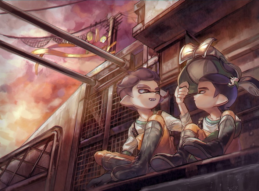 2boys blue_hair boots casual commentary_request full_body inkling inkling_boy inkling_player_character looking_at_another male_focus multiple_boys myuu1995 outdoors overalls purple_hair rubber_boots salmon_run_(splatoon) sitting sky smile splatoon_(series) tentacle_hair