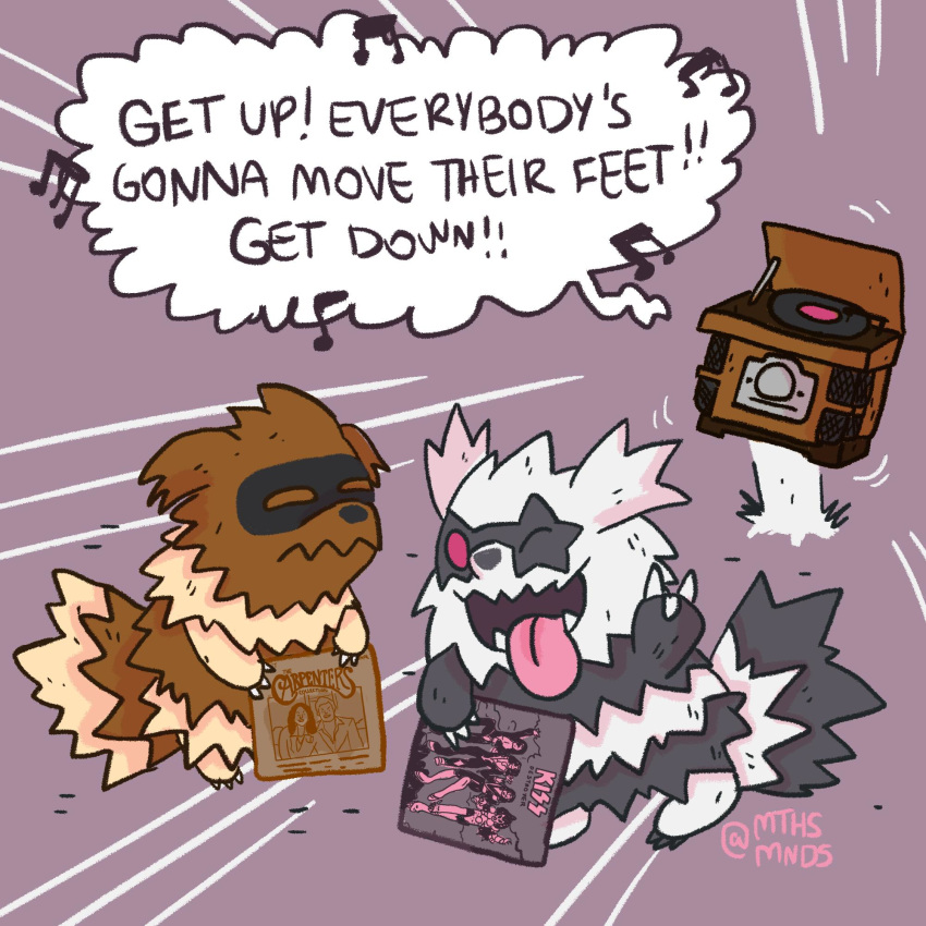 1970s 1:1 2019 black_body black_fur brown_body brown_fur canid canine duo english_text feral fur galarian_form galarian_zigzagoon generation_3_pokemon generation_8_pokemon hi_res humor kiss_(band) mammal mthsmnds nintendo one_eye_closed pokemon pokemon_(species) regional_form_(pokemon) text the_carpenters tongue tongue_out white_body white_fur wink zigzagoon