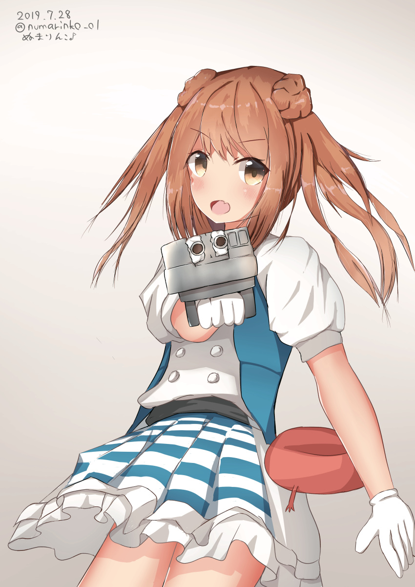 1other :d absurdres aiming alternate_costume artist_name bad_id bad_pixiv_id belt brown_eyes checkered_clothes checkered_dress commentary_request cowboy_shot dated double_bun dress enemy_lifebuoy_(kancolle) female gloves hair_bun highres holding holding_turret kantai_collection light_brown_hair michishio_(kancolle) numarinko oerba_yun_fang open_mouth pointing pointing_at_viewer short_sleeves short_twintails simple_background smile turret twintails twitter_username white_background white_gloves