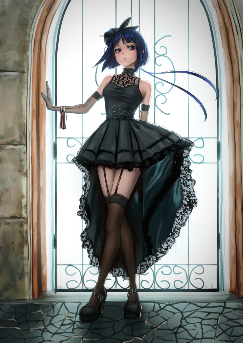 black_dress black_footwear black_thighhighs blue_eyes blue_hair bow breasts commentary_request dress elbow_gloves female full_body garter_straps gloves hairbow highres indoors looking_at_viewer original ryohhe small_breasts solo standing thighhighs window