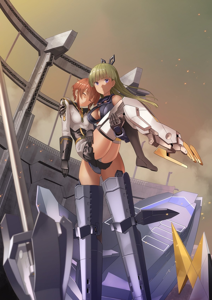 2girls alice_gear_aegis araime_yasuri black_skirt blonde_hair blunt_bangs brown_hair carrying cleavage_cutout closed_mouth clothing_cutout fainted fujimo_ruru hair_ribbon highres kanagata_sugumi lance leg_armor leotard mecha_musume multiple_girls panties polearm princess_carry purple_eyes ribbon skin_tight skirt underwear upskirt weapon white_panties