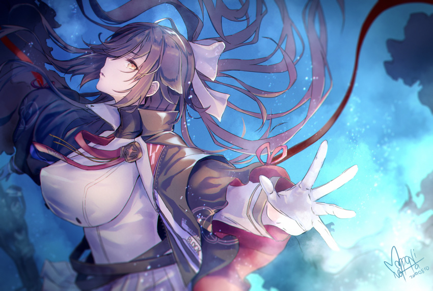 azur_lane black_coat black_hair bow breasts brown_eyes coat commentary_request dark_persona dated expressionless female floating_hair gloves hair_flaps hair_over_one_eye hairbow holding holding_sword holding_weapon katana large_breasts long_hair looking_at_viewer mappaninatta military military_uniform miniskirt pleated_skirt ponytail ribbon signature skirt solo standing sword takao_(azur_lane) takao_(meta)_(azur_lane) uniform very_long_hair weapon white_bow white_skirt