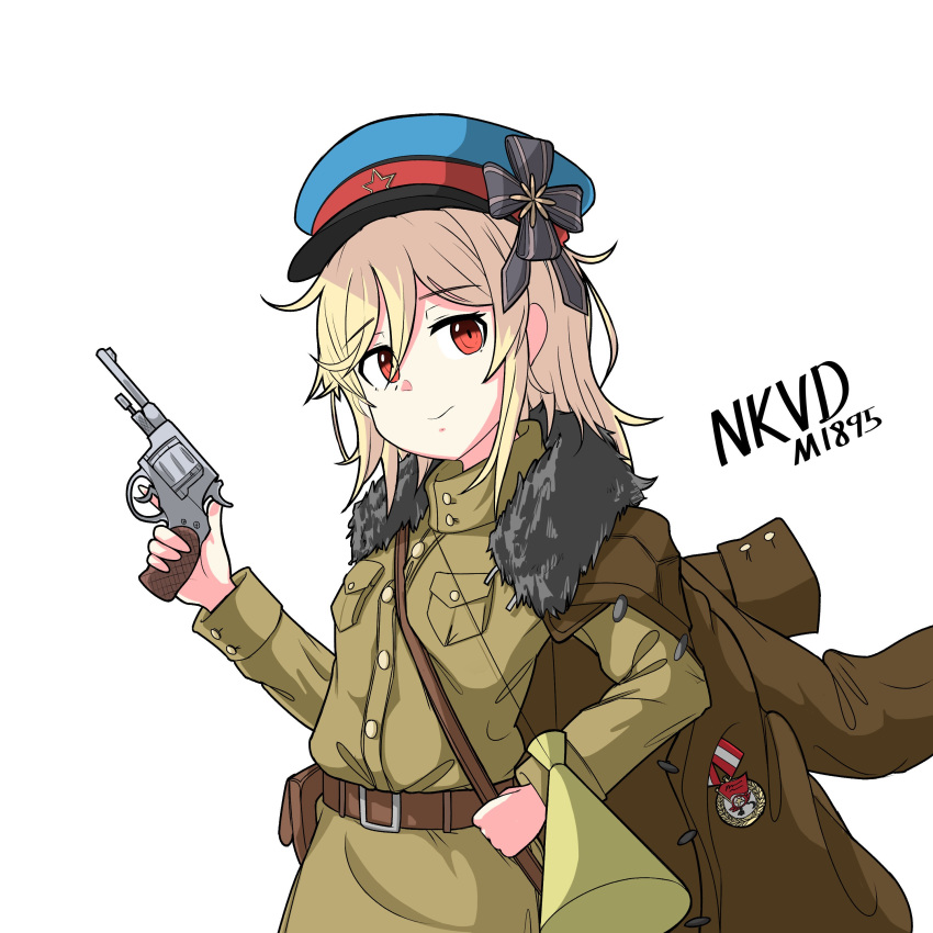 absurdres blonde_hair character_name commentary_request dlet english_text female fur_collar girls'_frontline gun gymnastiorka handgun hat highres jacket jacket_on_shoulders korean_commentary medal megaphone military military_uniform nagant_m1895 nagant_revolver_(girls'_frontline) nkvd peaked_cap protected_link red_eyes revolver solo soviet uniform weapon