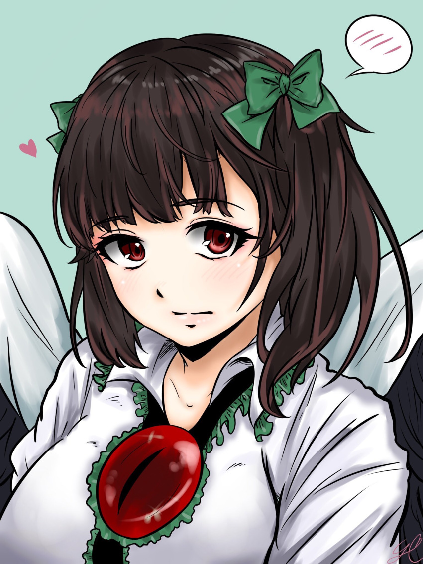 alternate_hair_length alternate_hairstyle bird_wings black_wings blunt_bangs blush bow breasts brown_hair cape closed_mouth commentary_request female frilled_shirt_collar frills green_background green_bow hair_ribbon highres looking_at_viewer medium_breasts one-eyed pink_lips red_eyes reiuji_utsuho ribbon shiraniwa_rin shirt short_hair signature simple_background slit_pupils solo spoken_blush touhou two_side_up upper_body white_shirt wings