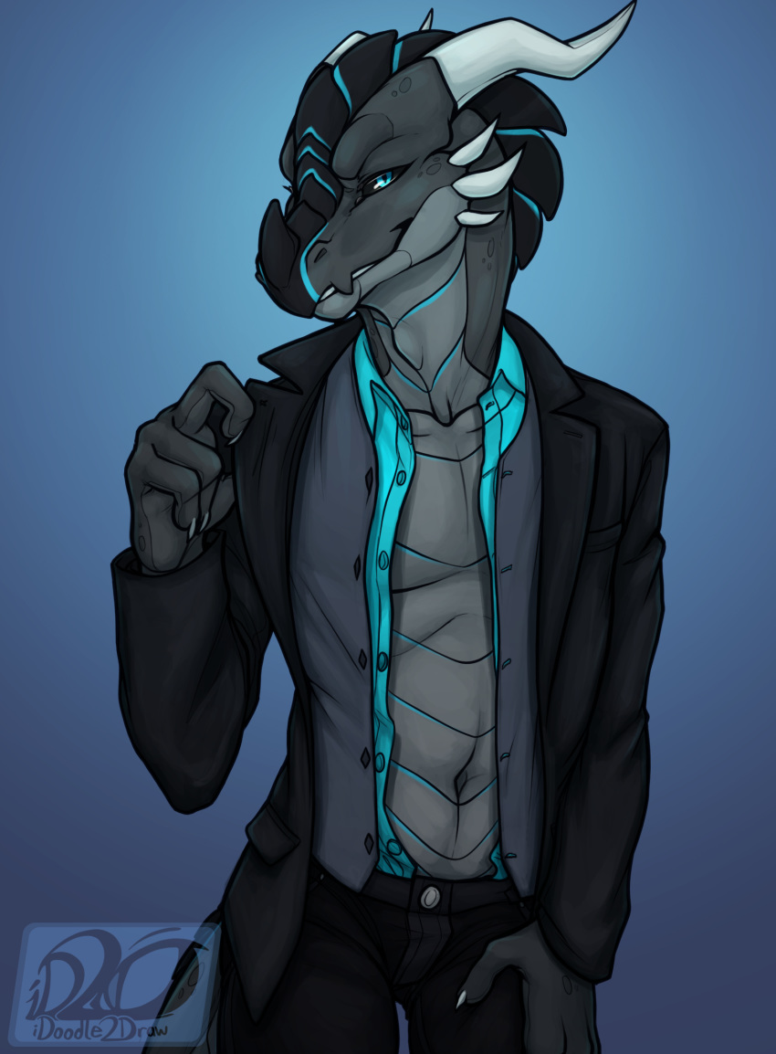 2019 4_fingers anthro bedroom_eyes black_body black_scales black_sclera blue_background blue_body blue_eyes blue_scales bottomwear button-up claws clothed clothing countershade_tail countershade_torso countershading denim denim_bottomwear denim_clothing dragon fingers front_view gradient_background grey_body grey_countershading grey_scales half-closed_eyes hand_on_leg hi_res horn idoodle2draw inviting jeans looking_at_viewer male manly mythological_creature mythological_scalie mythology narrowed_eyes overshirt pants portrait pose scales scalie seductive sharp_teeth shirt signature simple_background smile smirk solo spikes standing suit tail teasing teeth topwear undressing vest xero_(captainscales)