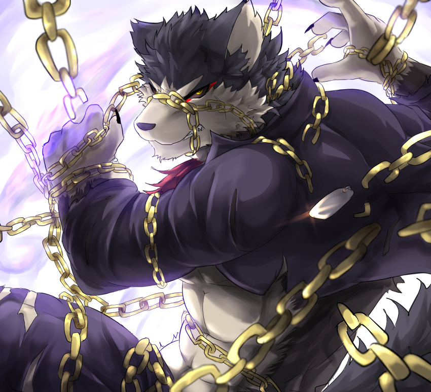 anthro black_nose black_sclera canid canine canis chains clothed clothing dog_tags domestic_dog fur garmr_(tas) hi_res lifewonders male mammal multicolored_body multicolored_fur muscular muscular_male tach8 tokyo_afterschool_summoners two_tone_body two_tone_fur yellow_eyes