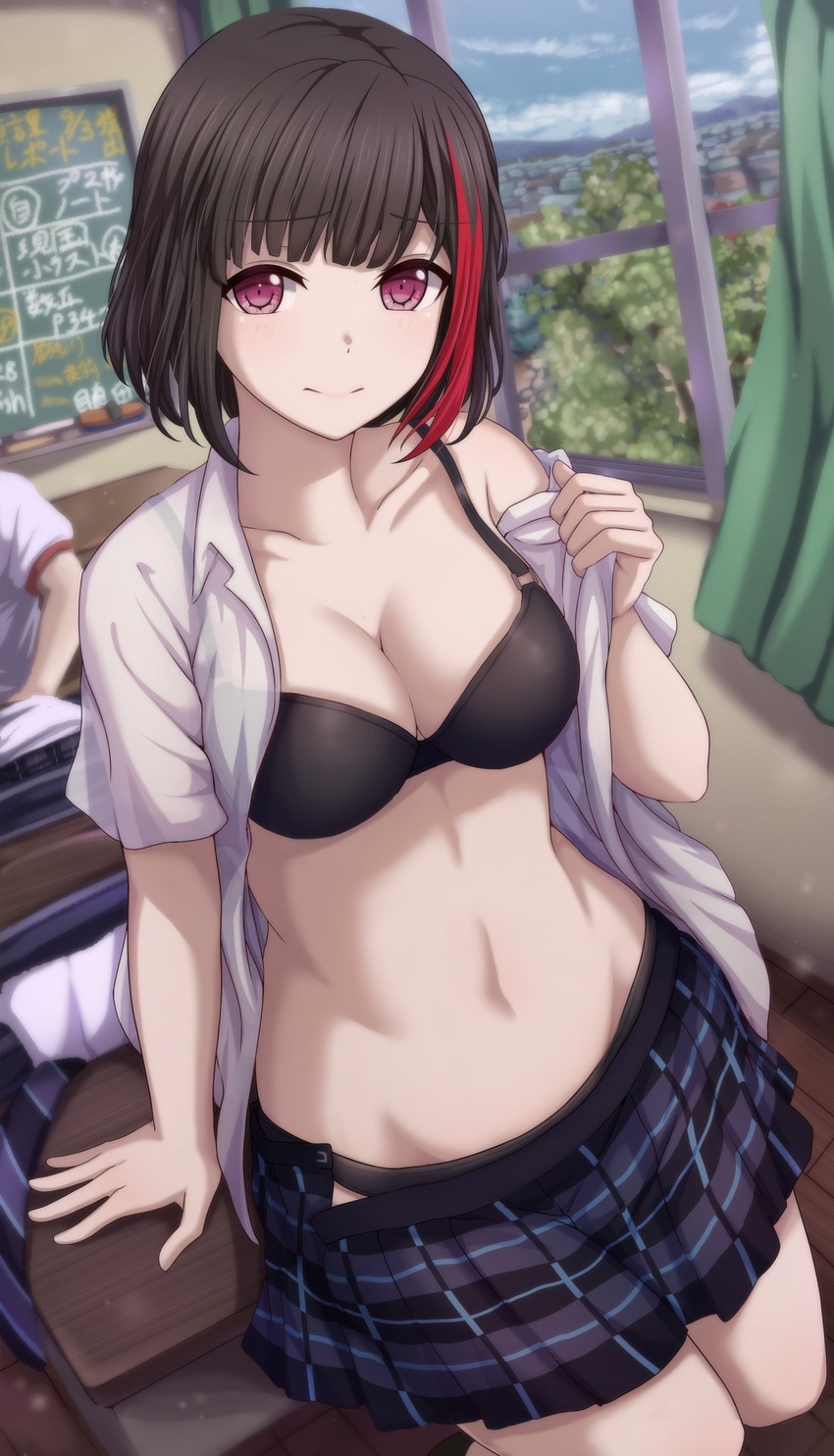 arm_support bad_id bad_twitter_id bang_dream! black_bra black_hair black_panties blue_skirt blurry bra breasts chalkboard classroom cleavage closed_mouth clothes_pull collarbone collared_shirt commentary_request depth_of_field desk highres indoors looking_at_viewer medium_breasts midriff mitake_ran multicolored_hair multiple_girls narafume on_desk open_clothes open_shirt open_skirt out_of_frame panties pleated_skirt purple_eyes raised_eyebrows see-through shirt shirt_pull short_hair short_sleeves sitting skirt smile solo_focus stomach streaked_hair underwear white_shirt