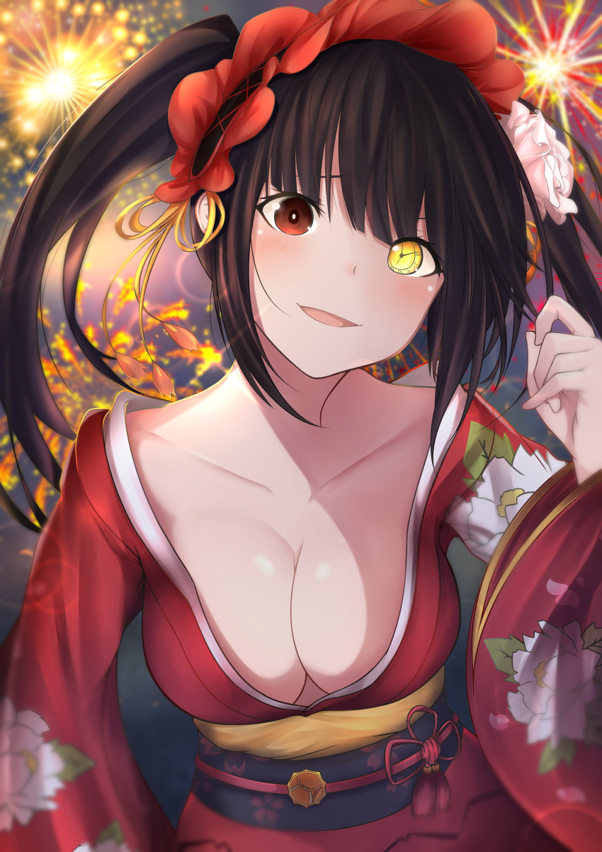 absurdres black_hair blush breasts cleavage clock_eyes collarbone commentary_request date_a_live female firework_background hair_ribbon hairband heterochromia highres japanese_clothes kimono large_breasts lolita_fashion lolita_hairband long_hair looking_at_viewer mr2d red_eyes ribbon smile solo symbol-shaped_pupils tokisaki_kurumi twintails yellow_eyes yellow_ribbon yukata