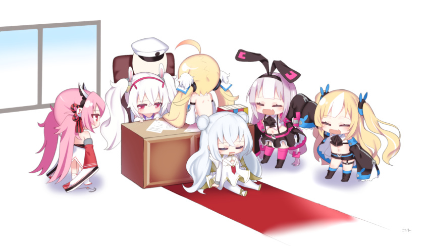 6+girls :d ahoge animal_ears azur_lane backless_dress backless_outfit black_footwear black_hairband black_jacket black_ribbon black_skirt blonde_hair blue_socks blush book boots cameltoe camisole chair chibi closed_eyes closed_mouth commander_(azur_lane) commentary_request desk detached_sleeves double_bun dress drooling eldridge_(azur_lane) facing_away hair_between_eyes hair_bun hair_ribbon hairband hamakaze_(azur_lane) hat headgear hobby_(azur_lane) jacket kalk_(azur_lane) kneehighs kokone_(coconeeeco) laffey_(azur_lane) le_malin_(azur_lane) long_hair long_sleeves looking_away mouth_drool multicolored_hair multiple_girls oerba_yun_fang office_chair on_chair open_clothes open_jacket open_mouth pantyhose peaked_cap pink_hair pink_thighhighs pleated_skirt profile rabbit_ears red_eyes red_hairband ribbon sitting skirt sleeping sleeves_past_fingers sleeves_past_wrists smile socks standing streaked_hair swivel_chair thighhighs twintails two_side_up very_long_hair white_background white_camisole white_dress white_hair white_headwear white_pantyhose white_sleeves wide_sleeves window