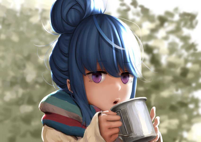 blue_hair blurry blurry_background commentary_request cup day female highres holding holding_cup long_hair mug outdoors purple_eyes ryohhe scarf shima_rin simple_background solo upper_body yurucamp