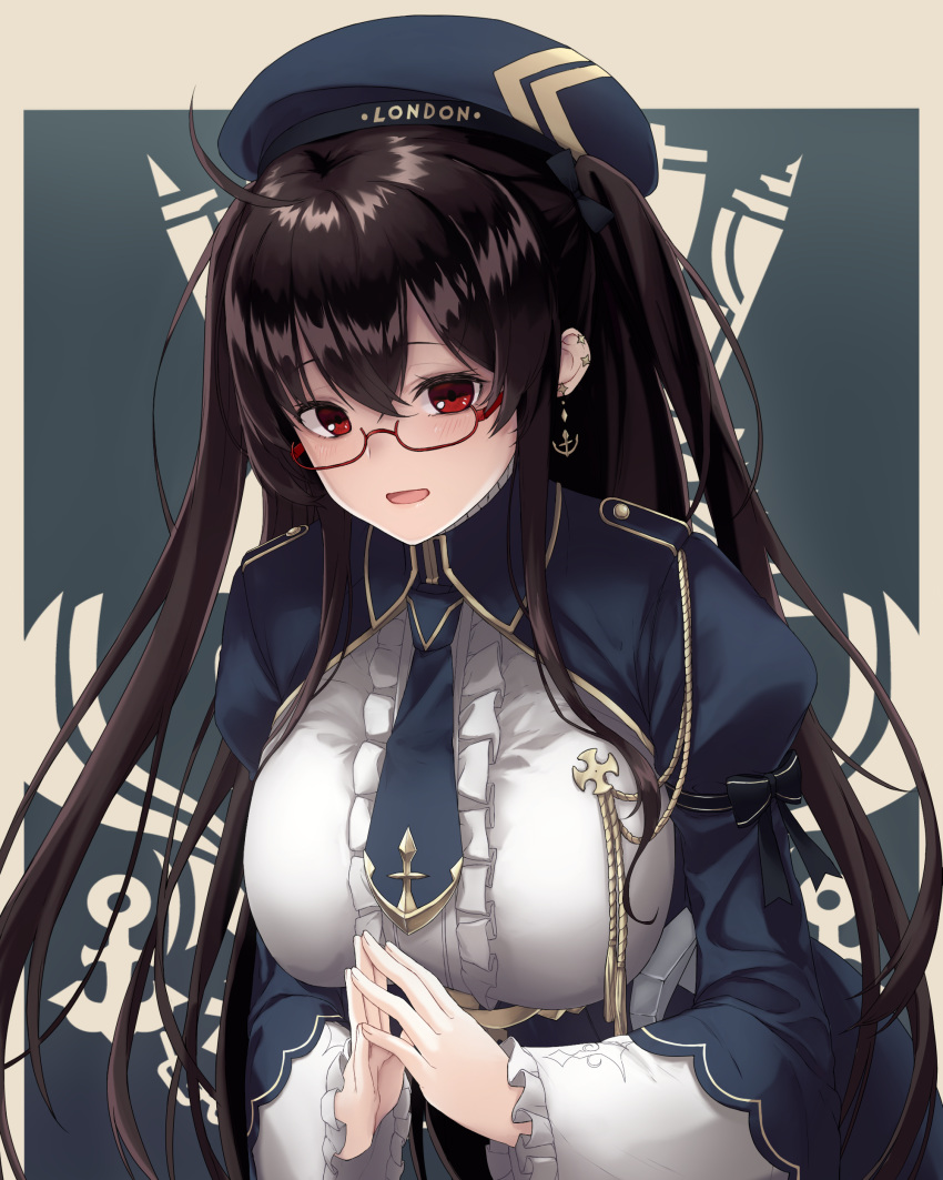 :d absurdres ahoge anchor_earrings azur_lane black_hair blue_dress blue_hat blue_necktie breasts dress earrings female fingers_together framed_breasts frills glasses hat highres jacket jewelry large_breasts london_(azur_lane) london_(retrofit)_(azur_lane) long_hair long_sleeves looking_at_viewer nameko_houshi necktie open_mouth red-framed_eyewear semi-rimless_eyewear shirt sidelocks smile solo under-rim_eyewear upper_body