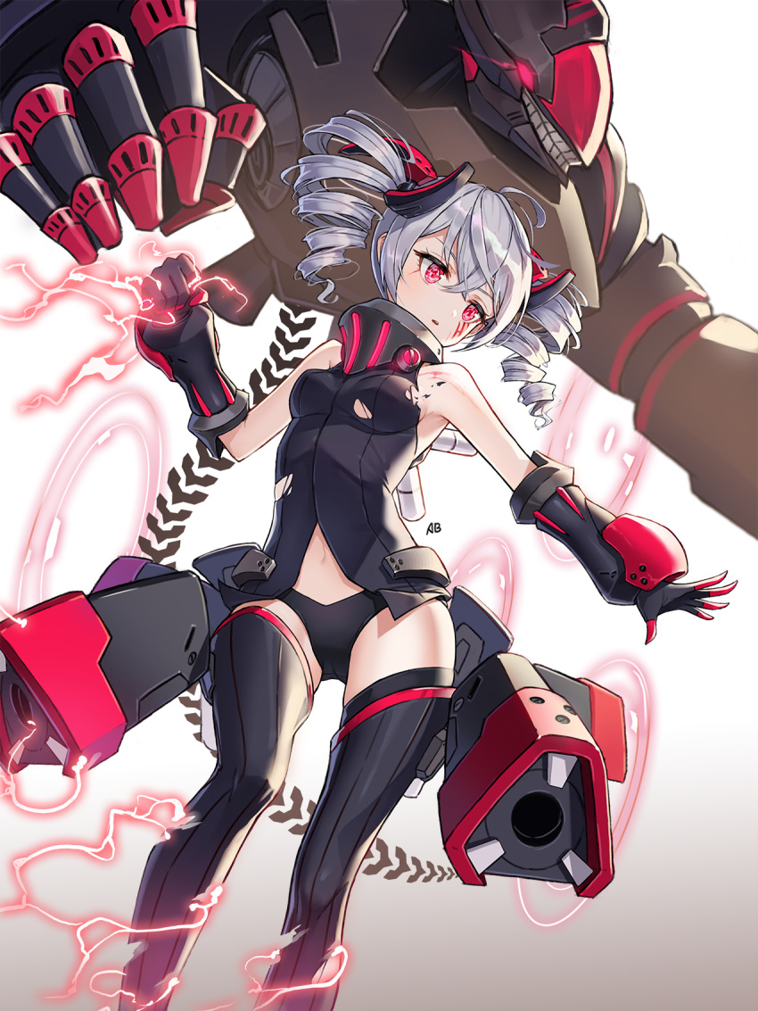 aliceblue artist_name bare_shoulders black_leotard black_thighhighs breasts bronya_zaychik bronya_zaychik_(black_nucleus) clenched_hand commentary_request drill_hair electricity facial_mark female floating gloves gradient_background grey_hair hair_between_eyes hair_ornament headgear highres honkai_(series) honkai_impact_3rd korean_commentary leotard long_hair machinery outstretched_arm project_bunny red_eyes revision simple_background small_breasts solo symbol-shaped_pupils thighhighs torn_clothes torn_leotard twin_drills