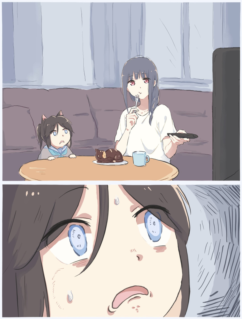 2girls animal_ears braid braided_ponytail cake cat_ears chibi commentary_request controller couch cup eating everything_is_cake_(meme) food hibike!_euphonium highres horrified kasaki_nozomi kemonomimi_mode liz_to_aoi_tori lyy meme misunderstanding mug multiple_girls remote_control school_uniform serafuku shirt sweatdrop television watching_television yoroizuka_mizore