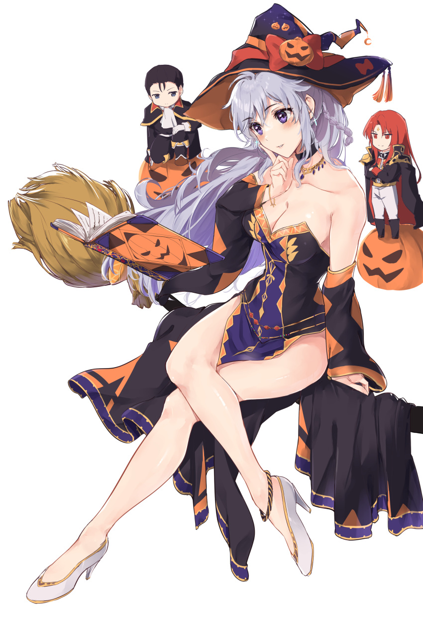 2boys absurdres alternate_costume armpit_crease black_choker black_hair book braid breasts broom chibi choker commission commissioner_upload female fire_emblem fire_emblem:_genealogy_of_the_holy_war fire_emblem:_thracia_776 fire_emblem_heroes halloween halloween_costume hat high_heels highres ishtar_(fire_emblem) julius_(fire_emblem) large_breasts legs long_hair multiple_boys non-web_source open_mouth pelvic_curtain pumpkin purple_eyes purple_hair reading red_hair reinhardt_(fire_emblem) sideboob single_braid skeb_commission thighs witch witch_hat yuuri_(orz_commushows)