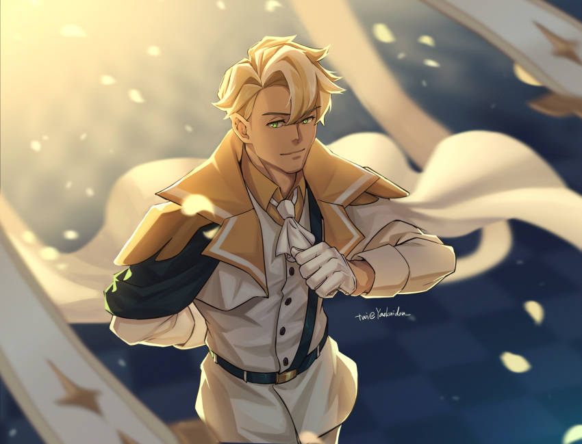 1boy arm_behind_back ascot belt blonde_hair cape clotted_cream_cookie cookie_run gloves green_eyes highres humanization male_focus parted_bangs solo standing white_ascot white_cape white_gloves yaekaidou