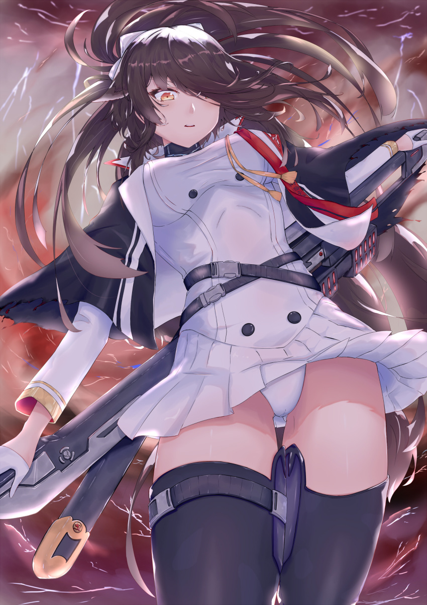 2318257725 absurdres azur_lane black_coat black_hair bow breasts brown_eyes chinese_commentary coat commentary_request female floating_hair gloves hair_over_one_eye hairbow half_gloves hammer_and_sickle highres holding holding_sword holding_weapon jacket katana large_breasts long_hair looking_at_viewer military military_uniform panties pleated_skirt skirt standing sword takao_(azur_lane) takao_(meta)_(azur_lane) thighhighs underwear uniform weapon white_gloves white_jacket white_panties white_skirt