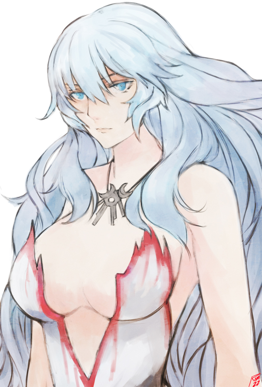 artemis_(fate) blue_eyes breasts cleavage fate/grand_order fate_(series) female highres long_hair moedredd serious simple_background solo white_background white_hair