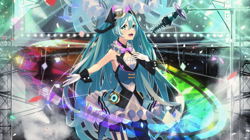 aqua_hair asymmetrical_legwear black_legwear blue_eyes blue_vest bow bowtie breasts collar commentary confetti cowboy_shot dress english_commentary female frilled_collar frilled_dress frills gloves hair_between_eyes hand_on_own_chest hat hatsune_miku highres light_rays long_hair looking_at_viewer magical_mirai_(vocaloid) magical_mirai_miku magical_mirai_miku_(2019) microphone mini_hat mini_top_hat mismatched_legwear music open_mouth outstretched_arm pantyhose pink_bow pink_bowtie rainbow_order screen singing sleeveless sleeveless_dress small_breasts smile solo stage stage_lights striped_clothes striped_pantyhose t-one top_hat two-tone_legwear vertical-striped_clothes vertical-striped_pantyhose very_long_hair vest vocaloid white_dress white_gloves white_hat white_legwear wrist_cuffs