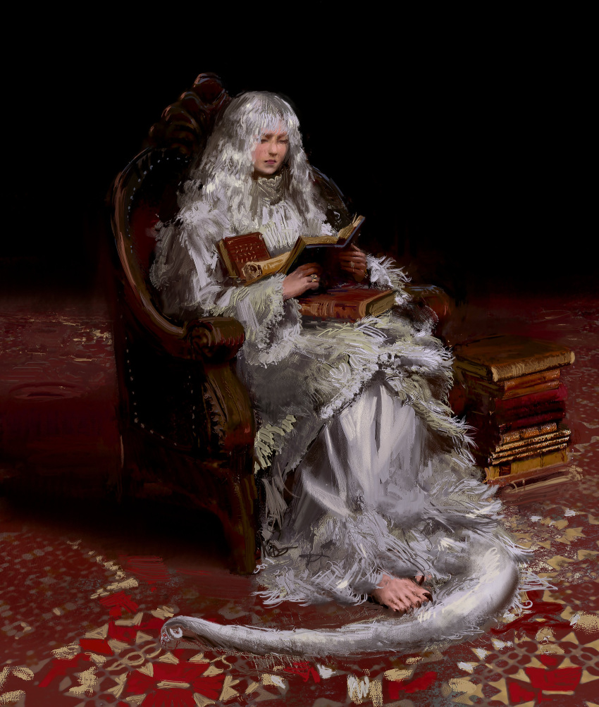 absurdres barefoot book chair dark_souls_(series) dark_souls_i dragon_girl dress espen_olsen_saetervik female fine_art_parody fur grey_dress grey_hair highres indoors jewelry long_hair open_book paper parody priscilla_the_crossbreed reading ring sharp_toenails sitting solo tail toenails