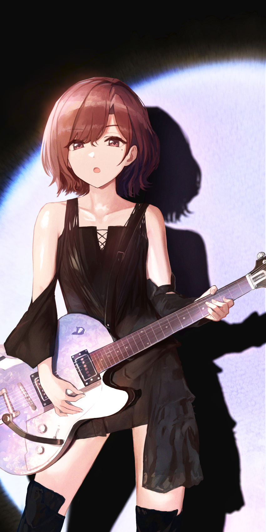 absurdres black_dress black_thighhighs brown_hair collarbone commentary_request cowboy_shot dress electric_guitar female gibson_les_paul guitar highres higuchi_madoka holding holding_instrument idolmaster idolmaster_shiny_colors instrument kadomaki_madoka mole mole_under_eye music open_mouth parody partial_commentary playing_instrument purple_eyes shadow shiina_ringo short_hair solo spotlight standing thighhighs tokyo_jihen