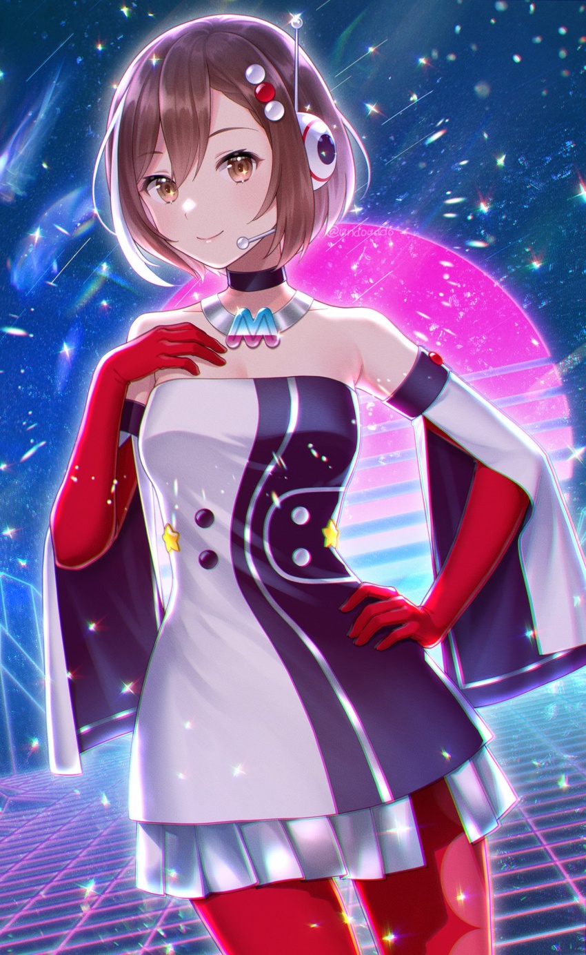 bare_shoulders brown_eyes brown_hair choker chromatic_aberration commentary cowboy_shot detached_sleeves dress elbow_gloves female gloves hair_ornament hand_on_own_chest hand_on_own_hip headgear headset highres kirita_asami magical_mirai_(vocaloid) magical_mirai_meiko magical_mirai_meiko_(2022) meiko_(vocaloid) pantyhose radio_antenna red_gloves red_pantyhose short_hair smile solo sparkle standing strapless strapless_dress tube_dress vocaloid