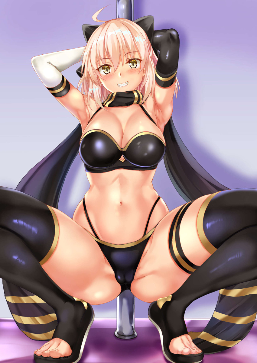 absurdres ahoge armpits arms_behind_head arms_up ass_visible_through_thighs asymmetrical_gloves bare_shoulders bikini black_bikini black_gloves black_scarf black_thighhighs blonde_hair blush bow breasts cleavage elbow_gloves fate/grand_order fate_(series) feet female gloves grin hair_between_eyes hairbow highres layered_bikini long_hair looking_at_viewer medium_breasts mismatched_gloves navel okita_j._souji_(fate) okita_j._souji_(first_ascension)_(fate) okita_souji_(fate) pole sandals scarf short_hair smile solo spread_legs squatting swimsuit thigh_strap thighhighs thighs uchida_shou yellow_eyes