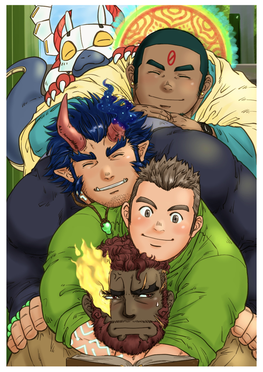 4boys bara beard blue_hair blush broken_horn buzz_cut creature dark-skinned_male dark_blue_hair dark_skin demon_boy demon_horns dogpile facial_hair fiery_horns flaming_eye halo halo_behind_head hephaestus_(housamo) highres horns hug hug_from_behind kajiya_kurogane kumagamike long_sideburns male_focus mature_male multiple_boys muscular muscular_male oerba_yun_fang red_hair scar scar_on_face scar_on_forehead scar_on_neck shirt short_hair sideburns smile stubble takemaru_(housamo) textless_version thick_eyebrows tight_clothes tight_shirt tokyo_afterschool_summoners tvastar_(housamo) very_dark_skin very_short_hair vritra_(housamo)